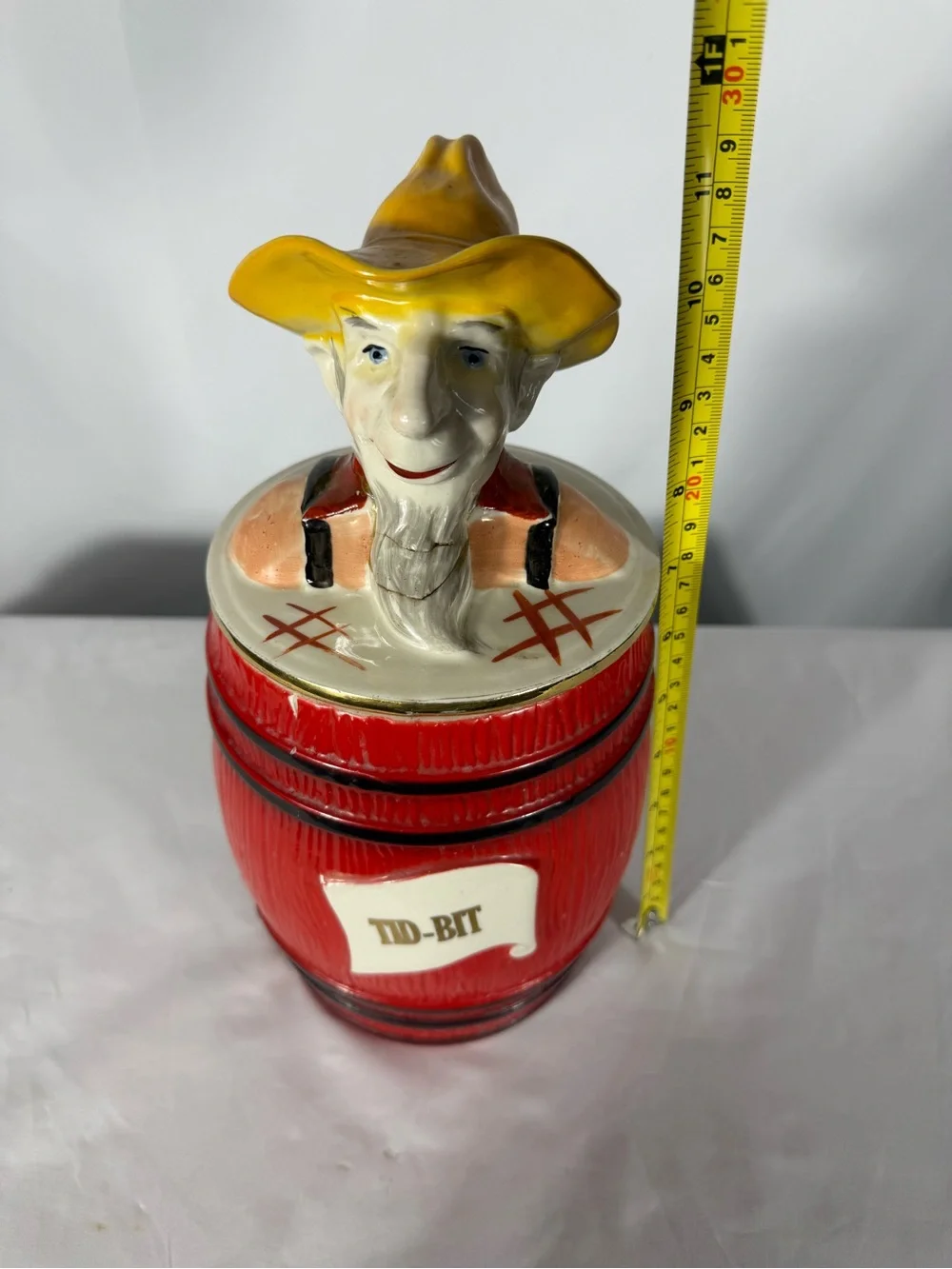 Vintage Cowboy TID-BIT Ceramic Cookie Jar Red Barrel Canister
